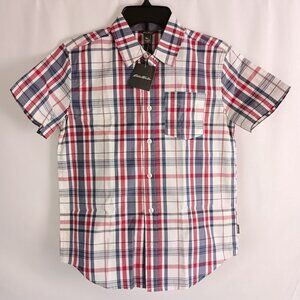 Eddie Bauer Boys Plaid Button Front Shirt M Salsa Red Cotton NWT New